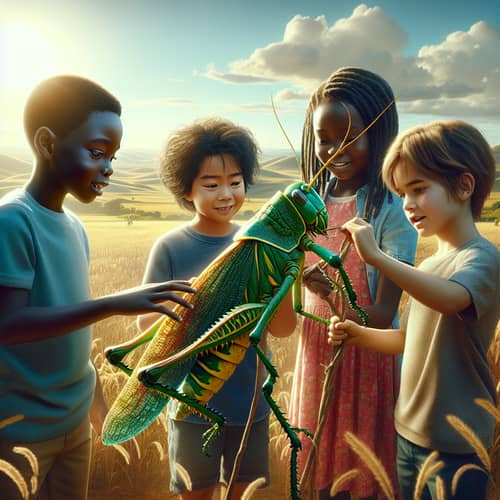 Diverse Children Play with Giant Grasshopper in Sunlit Field