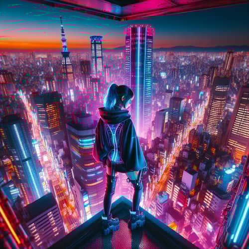 Futuristic Cityscape with Neon Lights and Cyberpunk Fashion