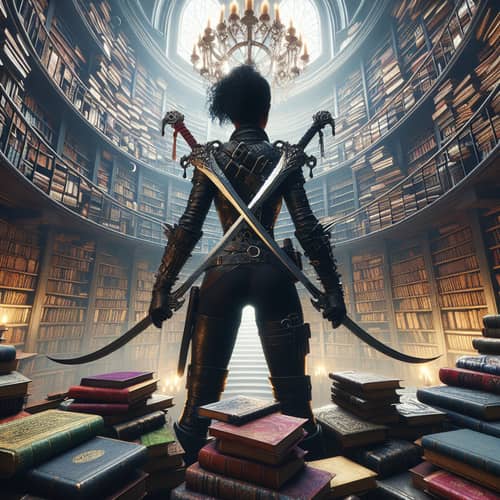 Black Female Warrior in Library | Fantasy Swords Books