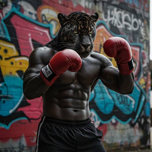 Muscular Black Jaguar in Boxing Gloves