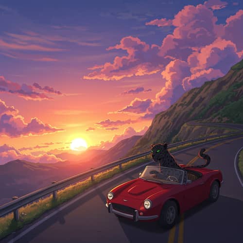 Anime Aesthetic: Jaguar Driving at Sunset