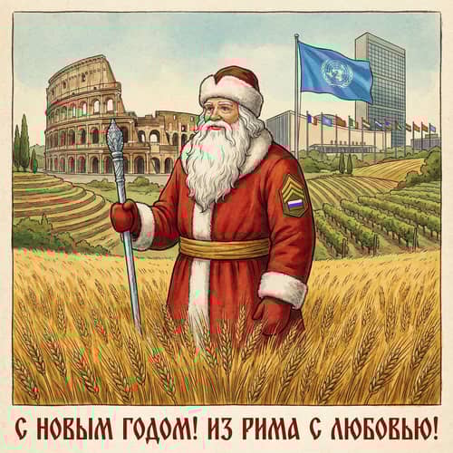 Russian Santa in Rome with UN Flag and Wheat Fields Russian Santa in Rome with UN Flag and Wheat Fields
