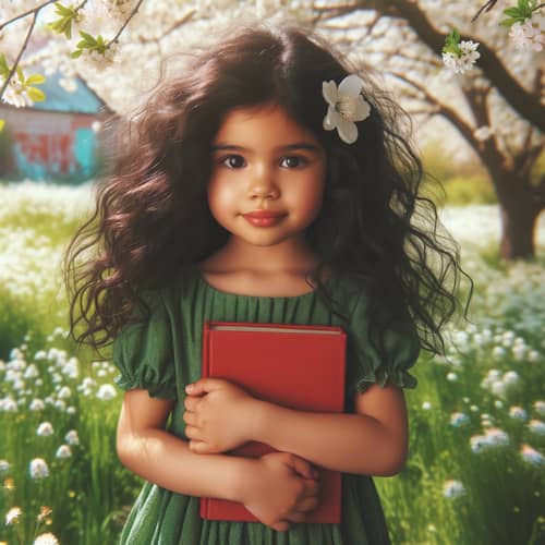 Young Hispanic Girl in Green Dress with Red Book in Sunny Meadow