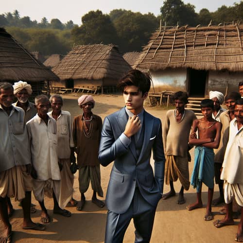 Stylish South Asian Boy in Modern Suit Amidst Rural Village