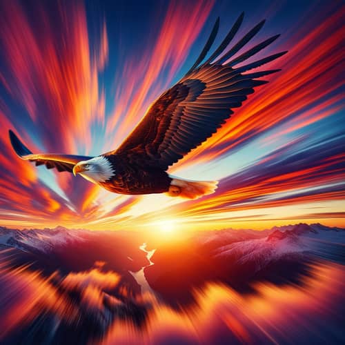 Majestic Eagle Soaring Through Vibrant Sunset Sky