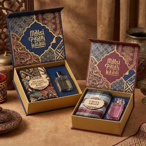 Elegant Malaysian Wedding Gift Box with Batik & Perfumes Elegant Malaysian Wedding Gift Box with Batik & Perfumes