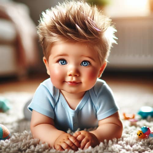 Adorable Baby Boy with Spiky Hair Exploring in Blue Onesie | Website Name