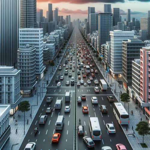 Dynamic Cityscape with Diverse Vehicles and Sunset Sky