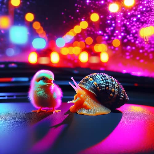 Nighttime Neon-Lit Car Serenade with Tiny Chick and Mollusk