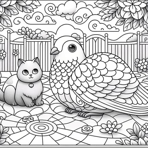 Peaceful Cat and Large Pigeon in Serene Ambiance