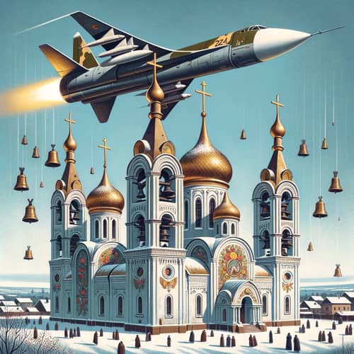 Russian Military Missile Flying between Ukrainian Churches