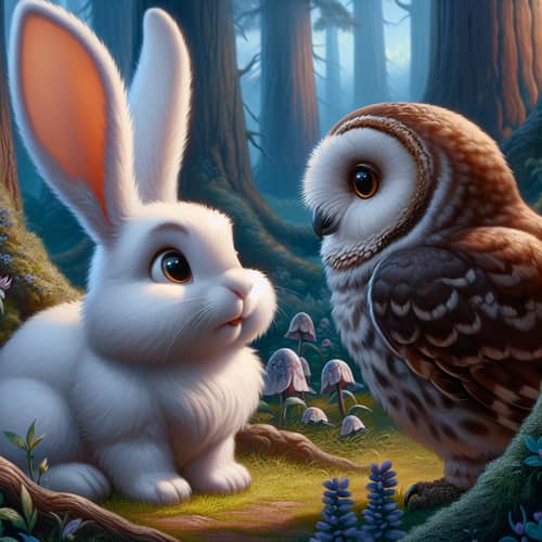 Adorable Rabbit Talking to Wise Owl in Enchanting Woodland