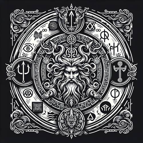 Mythological Tattoo Design with Greek Deities & Runic Symbols