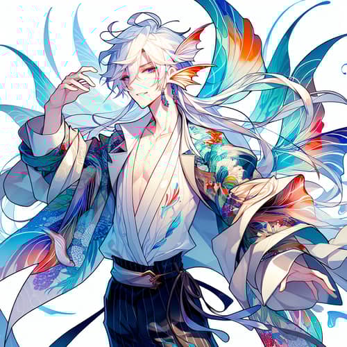 Charismatic Anime Boy with Angel Fish-Inspired Design