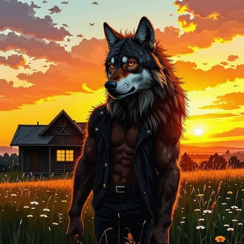 Half Wolf Half Man in Meadow at Sunset | Wooden Cottage View Half Wolf Half Man in Meadow at Sunset | Wooden Cottage View