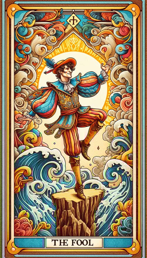 Whimsical 'The Fool' Tarot Card Art with Vibrant Colors