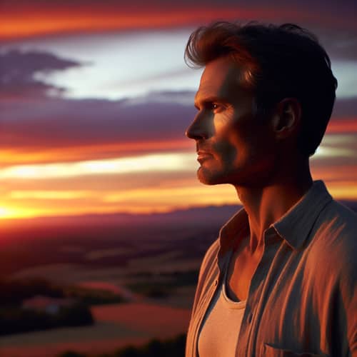 Middle-Aged Man in Sunset Profile | Tranquil Landscape View