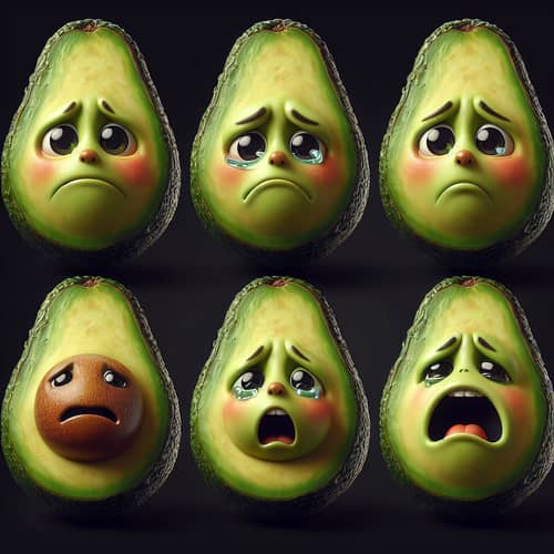 Sad Avocados: Realistic and Cartoonish Faces on Black Background