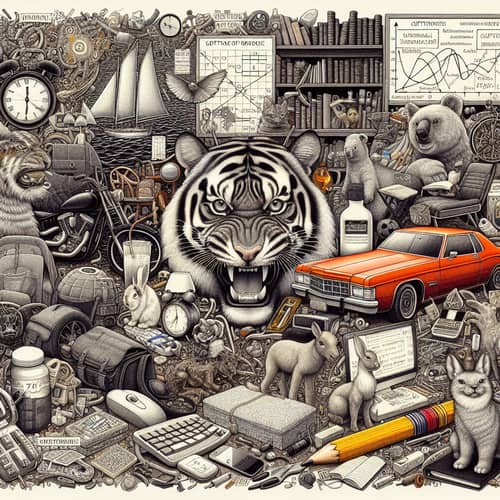 Intricate Collage: Library, Tiger, Boat, Chandelier & More
