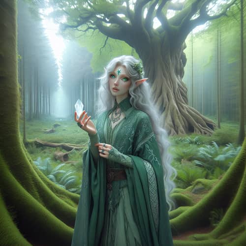 Whimsical Fantasy Elf in Lush Serene Forest