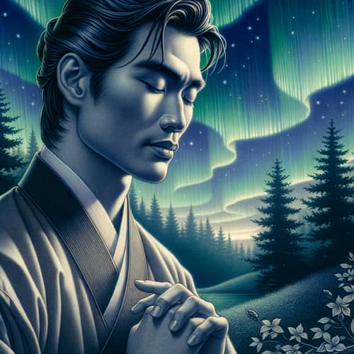 Asian Male Portrait in Serene Setting with Auroras | Classic Literature Scene