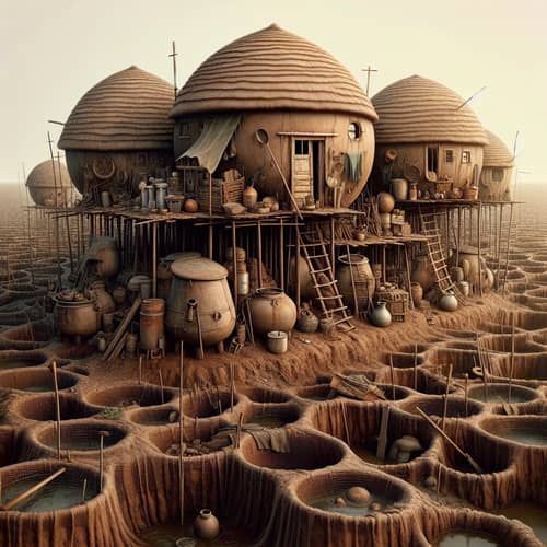 Mysterious Rural Scene with Round Houses on Stilts