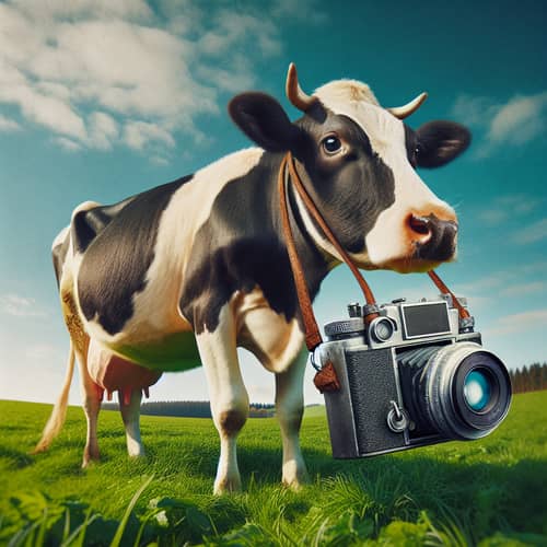 Playful Cow with Vintage Camera in Green Meadow