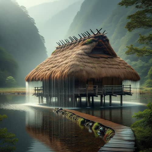 Weeping Thatched Hut - Tranquil Countryside Scene