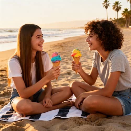 Two Friends Enjoying Ice Cream at the Beach