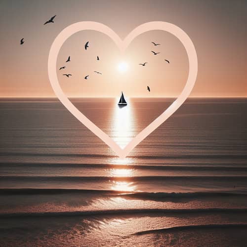 Tranquil Heart-Shaped Ocean at Sunset | Serene Seascape View