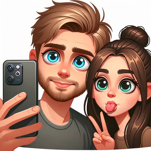 Unique Cartoon Style Illustration of Two Individuals Taking Selfie
