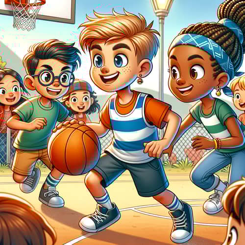 Youth Basketball Game: Diverse Kids Play with Energy