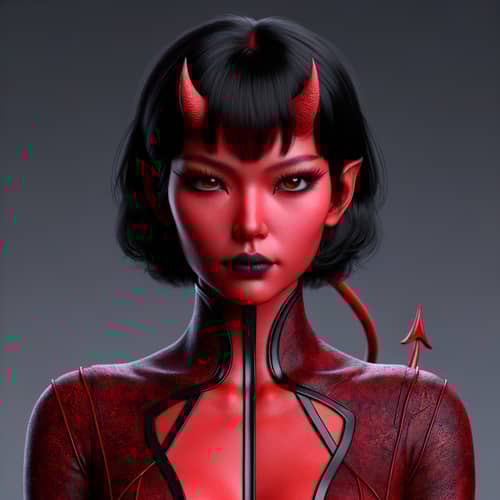 Enigmatic Devil Woman with Red Skin in Dark Red Bodysuit