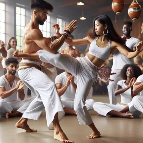 Capoeira Performance: South Asian Man & Black Woman Showcase Strength