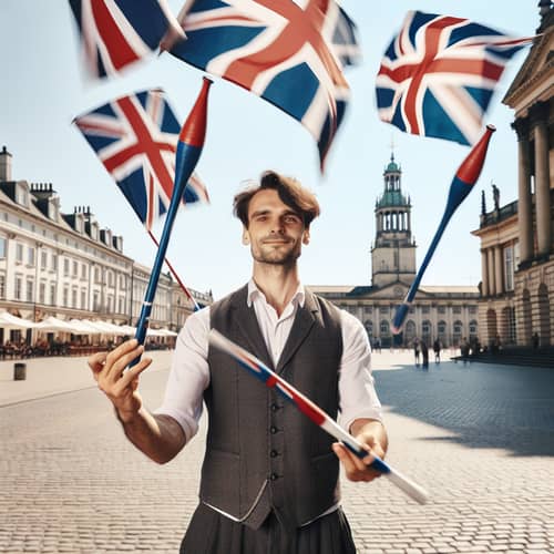 Expert Juggler with UK Flag Poles in Downtown Plaza
