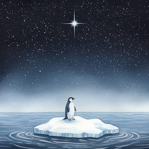 Watercolor Penguin on Ice Float at Night