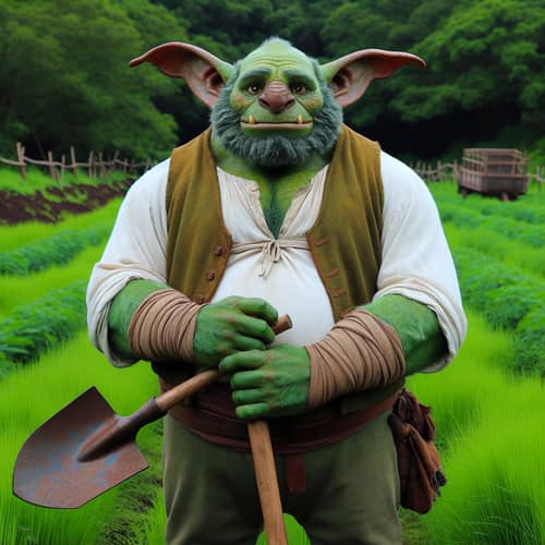 Green Creature with Shovel in Lush Field
