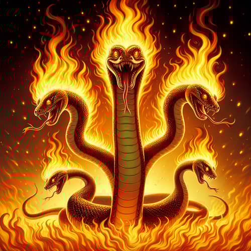 Four-Headed Snake On Fire - Mythical Creature Artwork