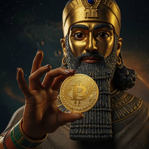Anunnaki Holding a Bitcoin - Crypto Concept Art