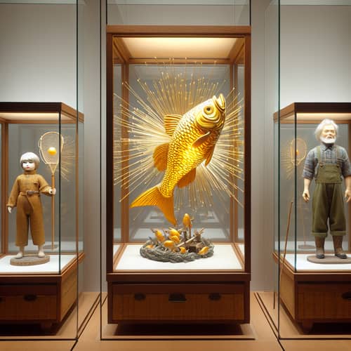 Radiant Golden Fish and Fisherman Doll Display