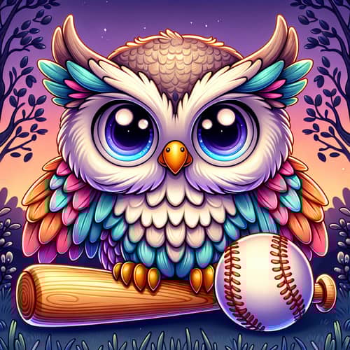 Cute Cartoon Owl with Bat and Softball in Whimsical Forest