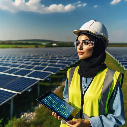 Female Engineer in Solar Farm Checking Efficiency | Solar Energy Data