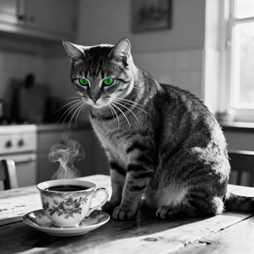 Curious Cat and Coffee Cup in Cozy Kitchen Curious Cat and Coffee Cup in Cozy Kitchen