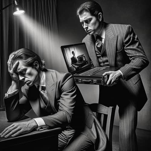 Professional Salesmen Embrace AI Technology in Vintage Noir Setting
