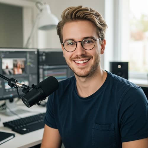 Professional Video Editor - Happy Blonde Man with Glasses