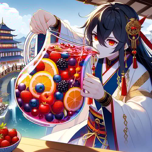 Japanese Warrior Character Pouring Fruit Compote | Oriental Cityscape