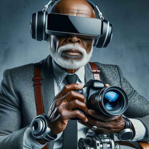 Rich Bald African American Photographer with Futuristic Canon Camera and Apple Oculus