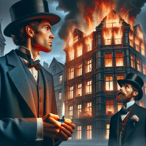 Men in Classic Attire: Indifference and Astonishment at Burning Building