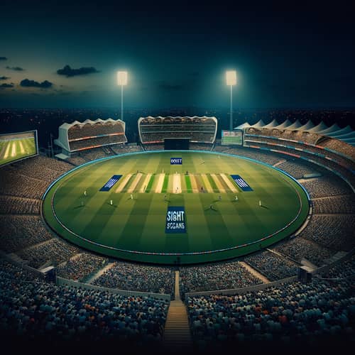 Night View of Cricket Stadium: Spectators, Players, Excitement