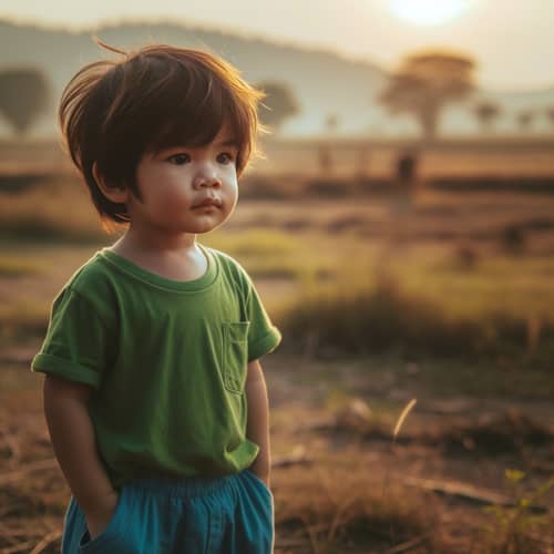 Child in Green Shirt | South Asian Boy in Open Field